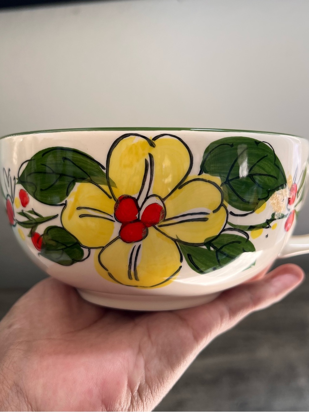 Set Of 4 Vtg Large Soup Cup Mug Bowls Purple Yellow Flower Hand Painted Japan